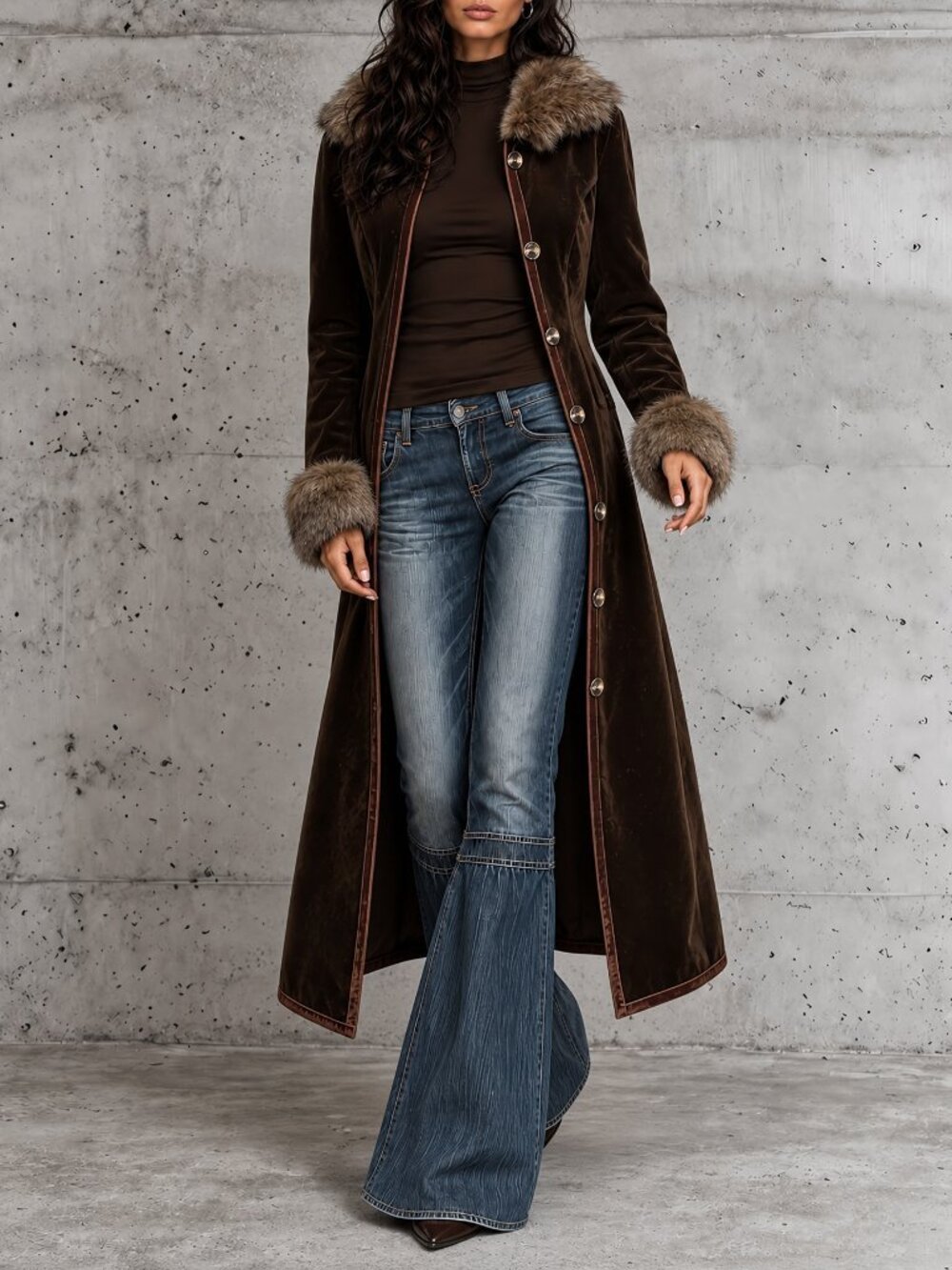 Coffee Brown Women's Elegant Faux Suede Long Regular Fit Coat - Picture 6 of 6